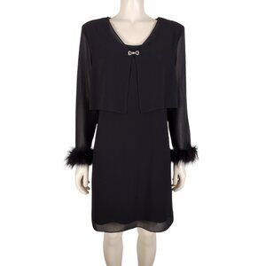Vintage 1990s Patra Black Feather Cuff Cocktail Shift Dress Size 8P